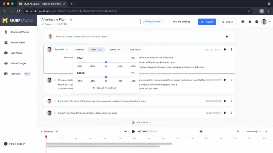 A screenshot of the Murf AI studio showing the pitch and speed adjustment sliders
