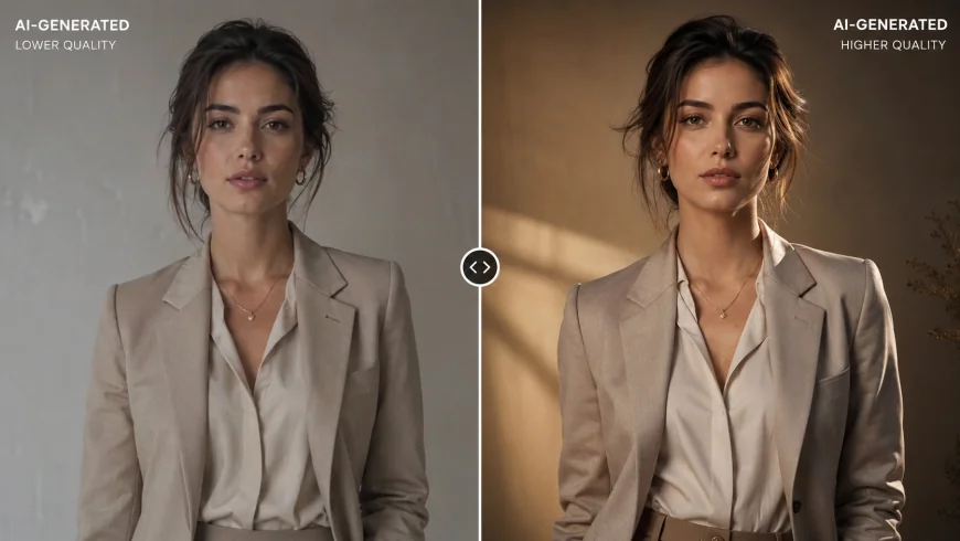 A high-quality split-screen comparison showing a generic AI-generated image versus a high-end commercial-grade AI image with professional lighting