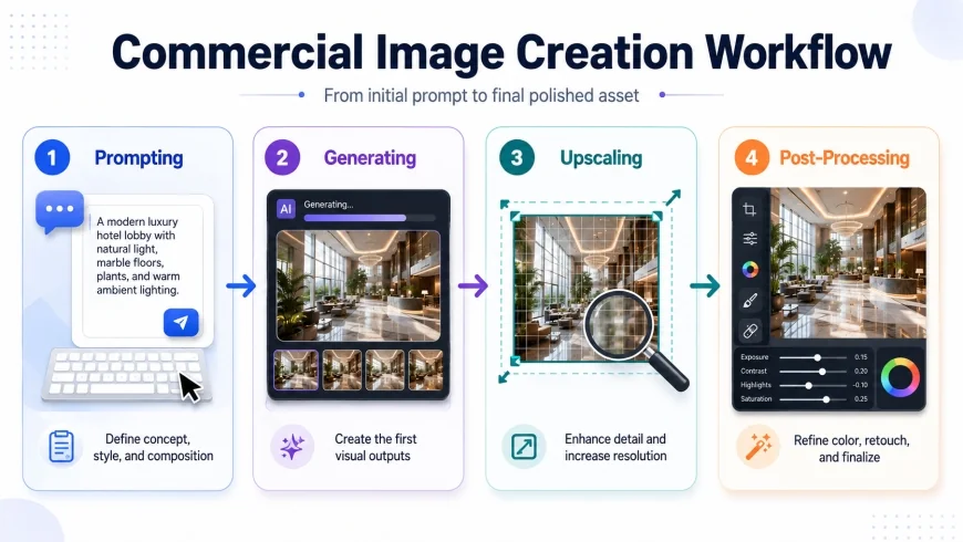 An infographic showing the workflow of creating a commercial image: Prompting -> Generating -> Upscaling -> Post-Processing