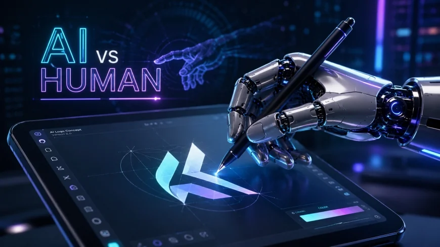 image: A futuristic robotic hand holding a digital pen, drawing a sleek logo on a glowing screen with 
