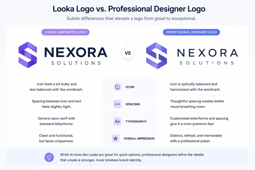 image: A side-by-side comparison of a Looka logo and a professional designer's logo, highlighting the subtle differences in spacing and typography.