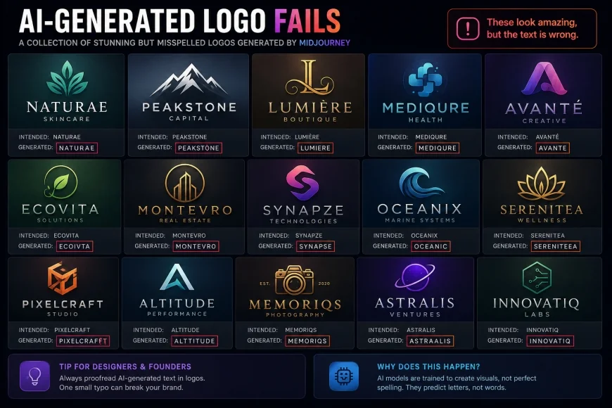 image: A collage of stunning but misspelled logos generated by Midjourney, showing the text errors.