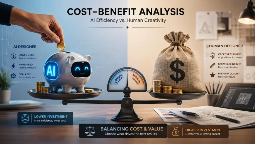 image: A piggy bank being filled with coins on one side (AI) and a large investment bag on the other (Human Designer), representing the cost-benefit analysis.