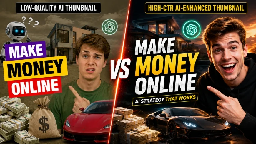 image: A comparison between a generic, low-quality AI thumbnail and a high-quality, realistic AI-enhanced thumbnail with high CTR elements.