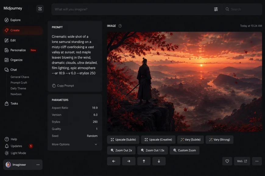 image: Midjourney interface showing a cinematic thumbnail prompt and the resulting high-quality image.