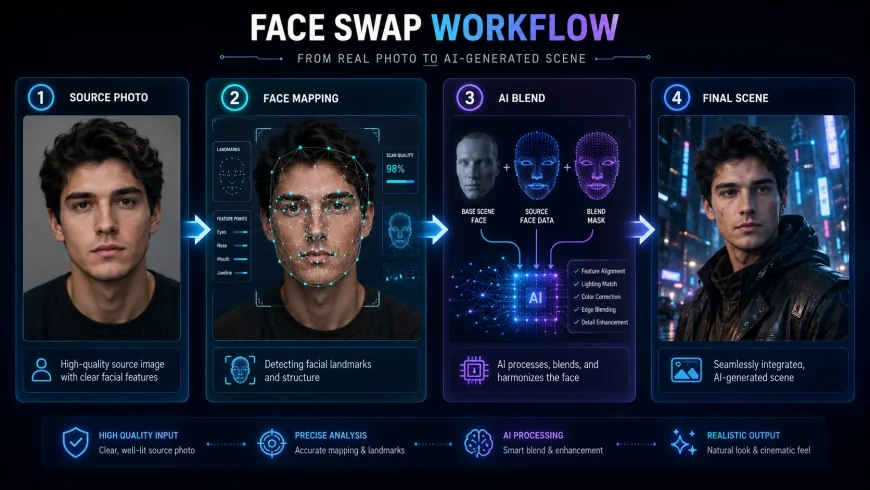 image: A step-by-step visual of a face swap process from a real photo to an AI-generated scene.