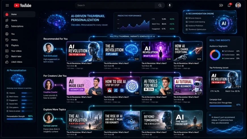 image: A futuristic concept of AI-driven personalized thumbnails on a YouTube homepage.