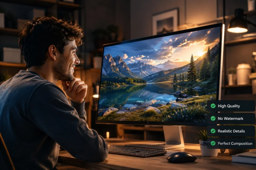 image: A frustration-free user looking at a high-quality AI image on a computer screen without any watermarks.