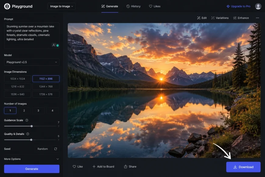 image: Screenshot of the Playground AI interface showing a beautiful landscape image and the 'Download' button prominently featured.