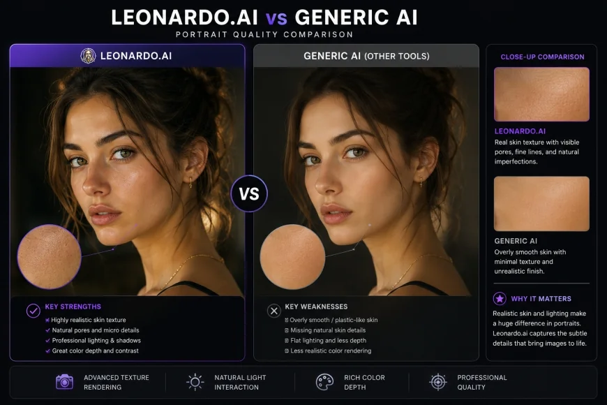 image: A comparison showing a portrait generated by Leonardo.ai vs a generic AI, highlighting the skin texture and lighting details.