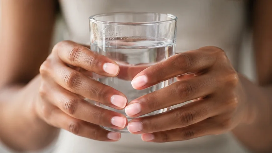 image: A hyper-realistic image of a person's hands holding a clear glass of water, showing the intricate detail Flux.1 can achieve.