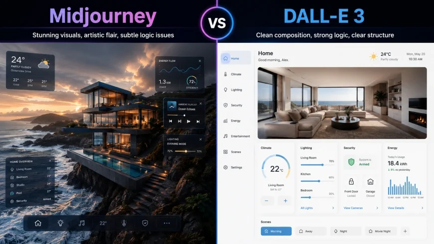image: A split-screen comparison showing a photorealistic Midjourney image vs a high-logic DALL-E 3 image