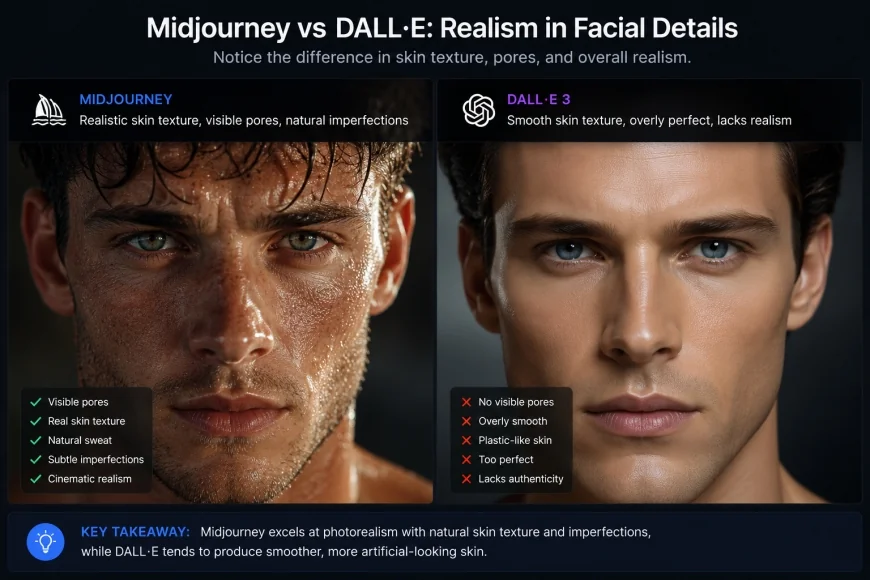 image: A comparison of a person's face. Midjourney showing pores and sweat, DALL-E showing smooth, plastic skin.