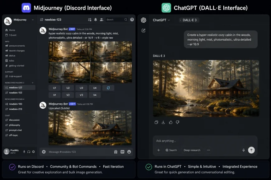image: A screenshot of the Midjourney Discord interface vs the ChatGPT DALL-E interface.