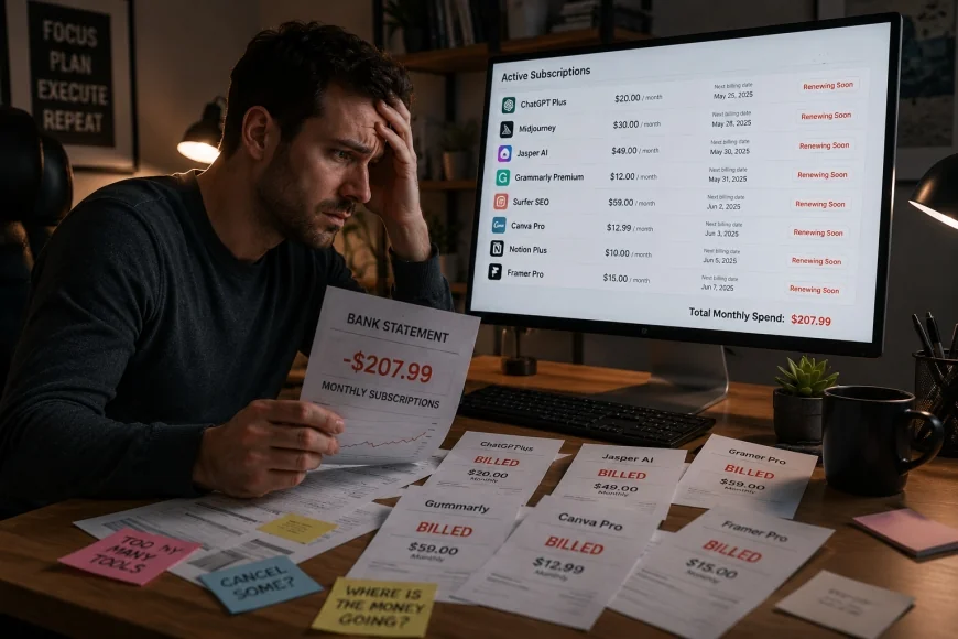 image: A frustrated blogger staring at multiple subscription bills on a computer screen.