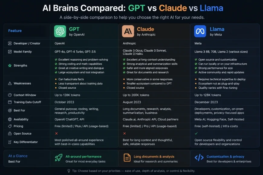 image: A comparison chart showing different AI brains like GPT, Claude, and Llama.