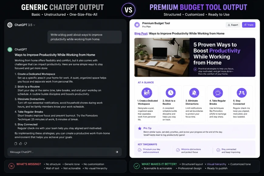 image: A split screen showing a generic ChatGPT output versus a structured, customized output from a premium budget tool.