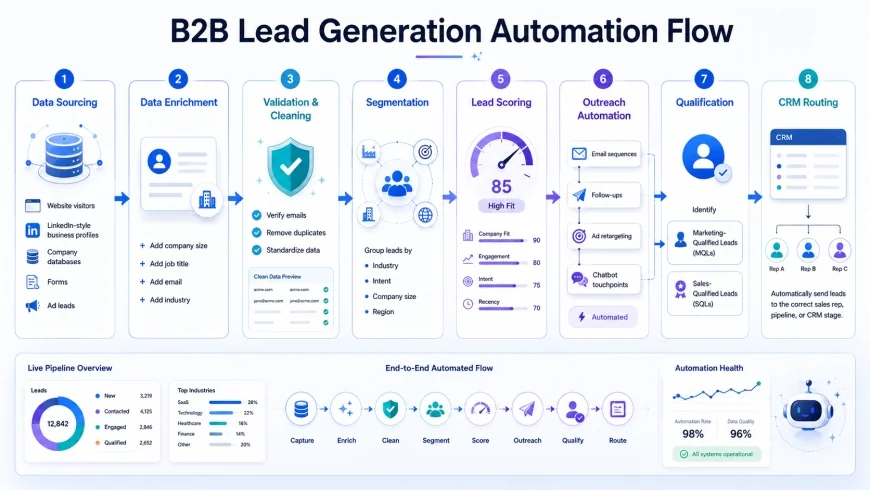 Process diagram illustrating the flow of B2B Lead Generation Automation from data sourcing to CRM routing