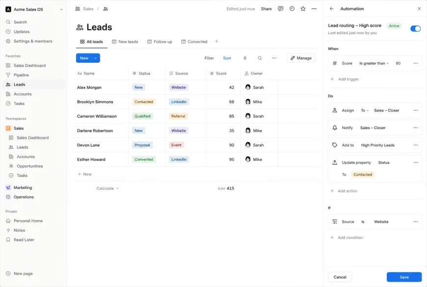 Native Notion Database Automation Settings Interface