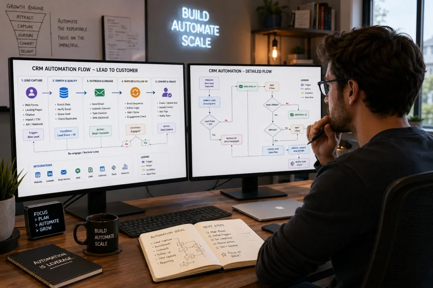 Modern Founder Analyzing CRM Automation Flowcharts on Dual Monitors