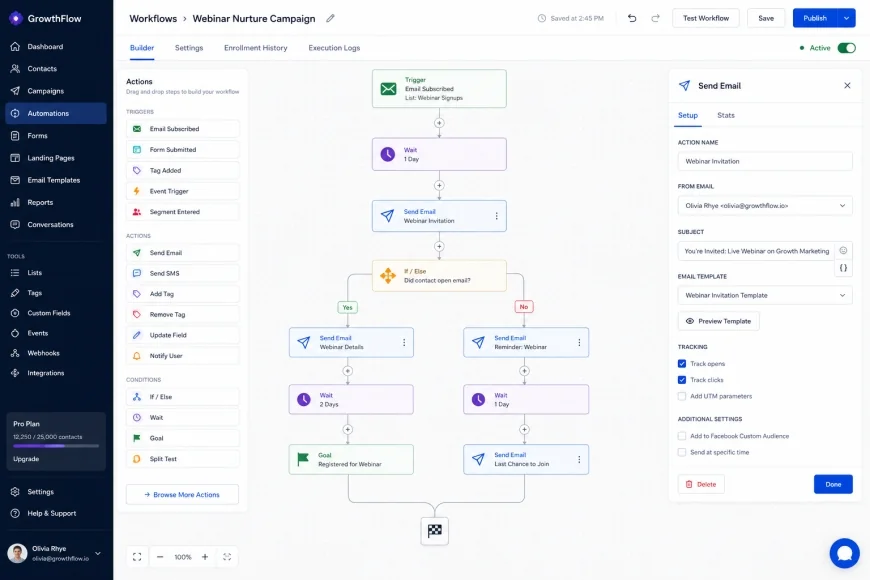 Screenshot of a Drag-and-Drop Marketing Automation Workflow Builder Interface