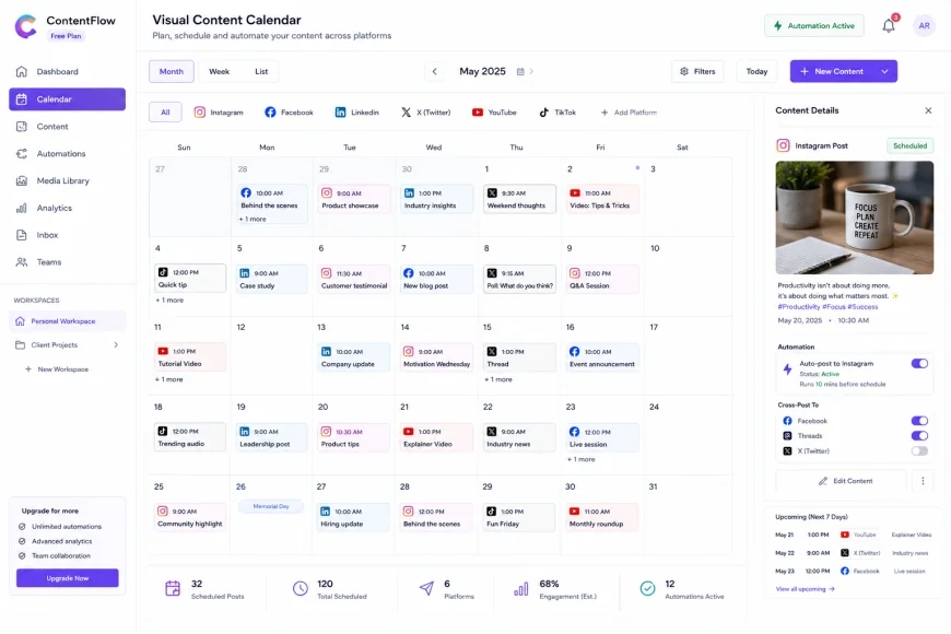 Visual Content Calendar Interface of Free Automation Platforms