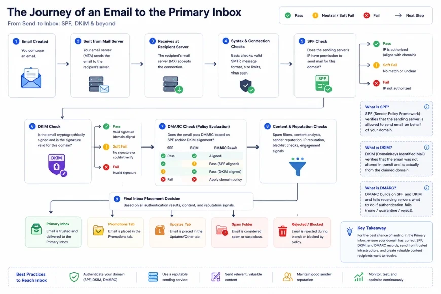 Flowchart illustrating the path of an email through SPF/DKIM validation to the primary inbox