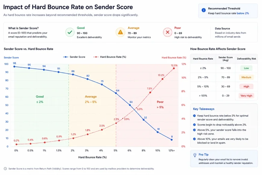Chart showing the drop in sender score as hard bounce rates exceed recommended thresholds