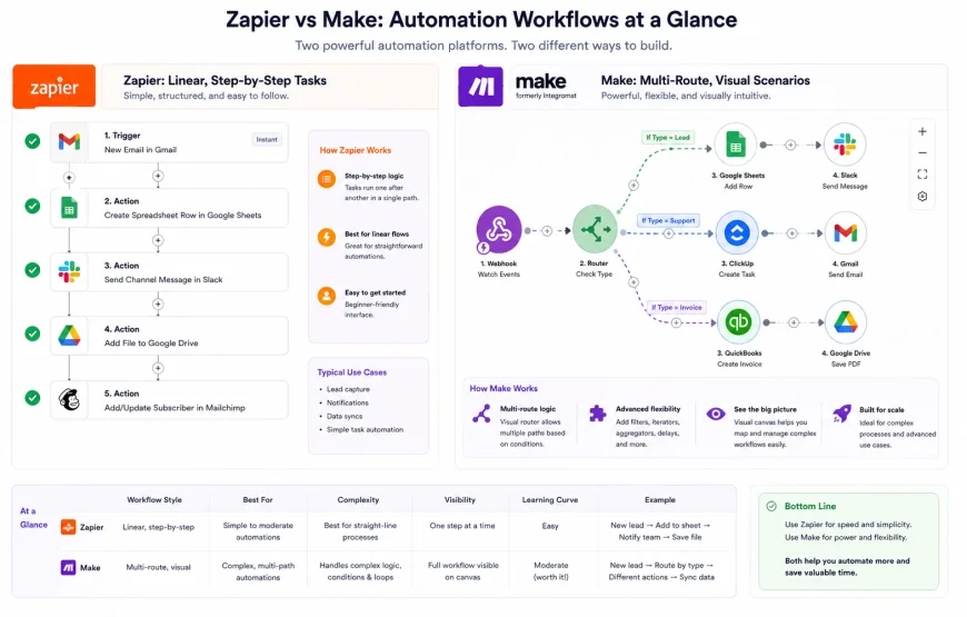 Visual flow diagram showing a comparison between Zapier's linear step-by-step tasks and Make's multi-route visual scenario canvas