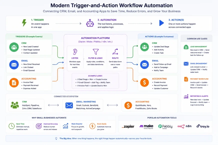 Analytical diagram showing the conceptual flow of modern trigger-and-action small business workflow automation tools connecting CRM, email, and accounting software