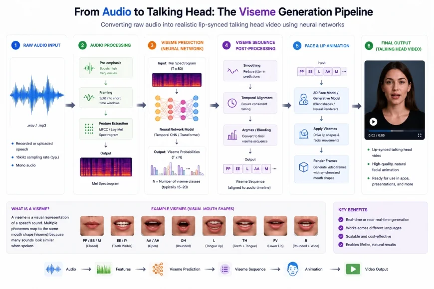 Infographic illustrating the pipeline from raw audio input to neural network viseme generation and final synthesized talking head video output