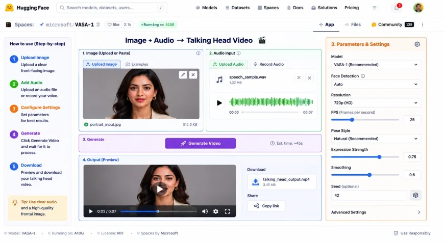 Step-by-step screenshot of the Hugging Face web interface highlighting the image upload, audio input, and parameter settings panel