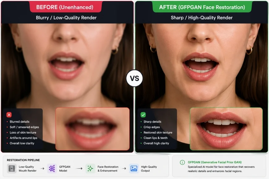 Splitscreen comparison diagram showing a blurry, unenhanced mouth render on the left versus a sharp, face-restored (GFPGAN) mouth render on the right