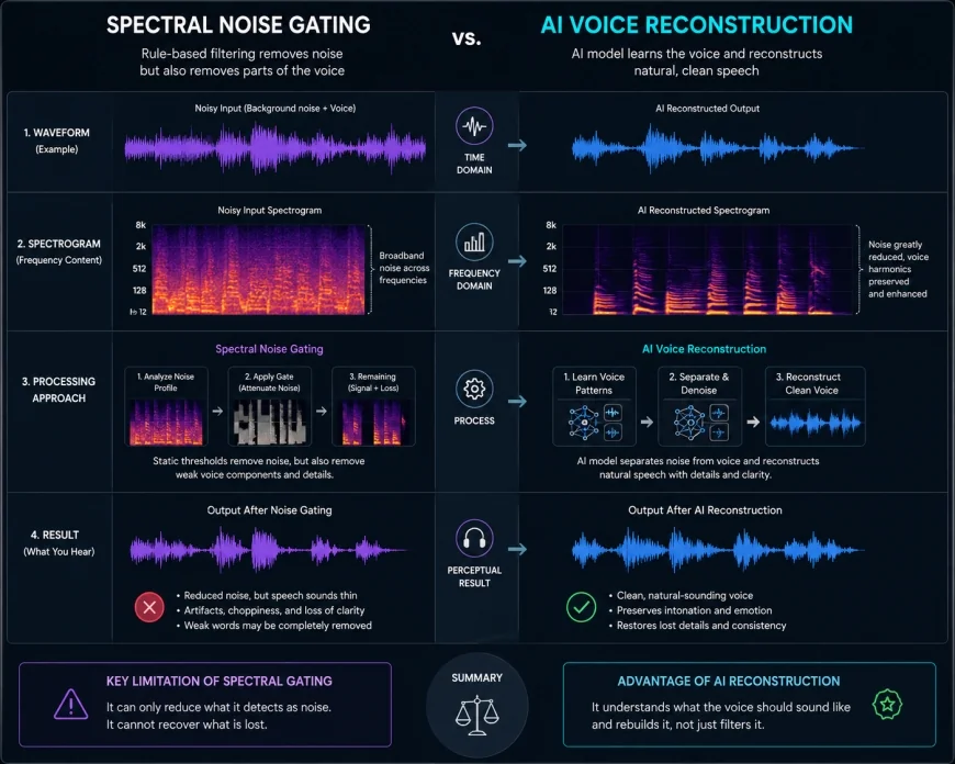 Graphical representation of spectral noise gating versus AI voice reconstruction