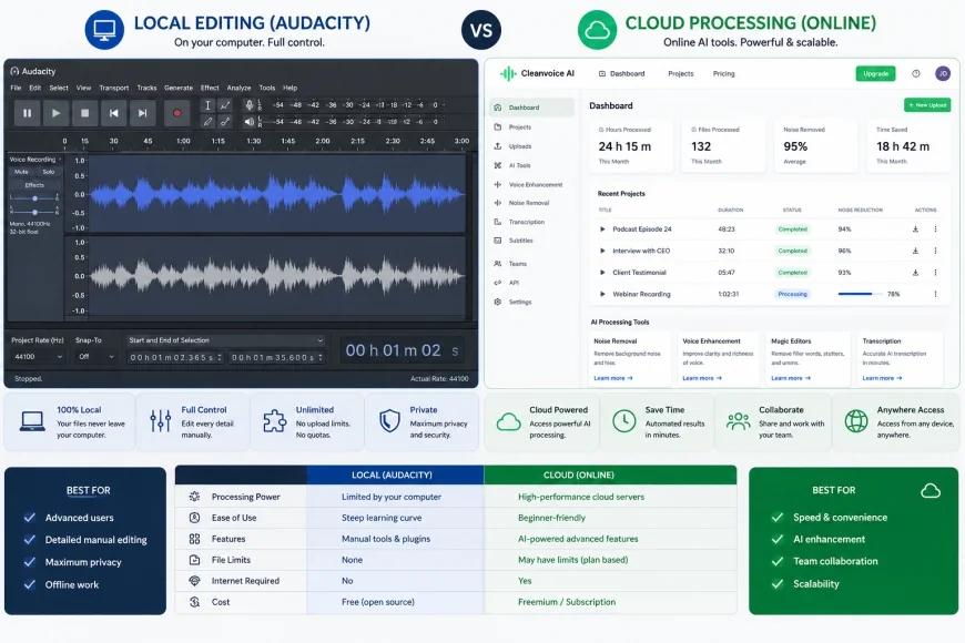 Comparison interface showing local Audacity waveform editing versus online cloud processing dashboards