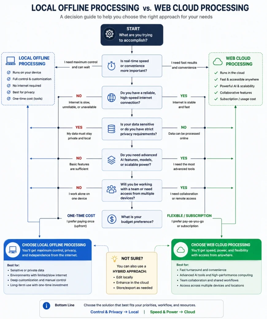 Flowchart illustrating the decision-making process between choosing local offline processing versus web clouda processing