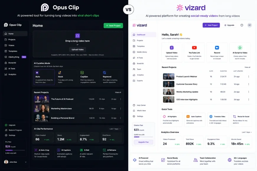 Side-by-Side Interface Comparison of Opus Clip and Vizard AI Dashboards