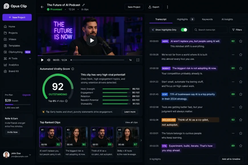 Opus Clip Automated Virality Score and Highlighted Transcript Panel