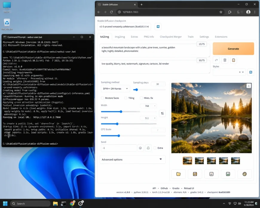 A clean Windows desktop workspace showing the command prompt next to a local Stable Diffusion WebUI interface generating an image