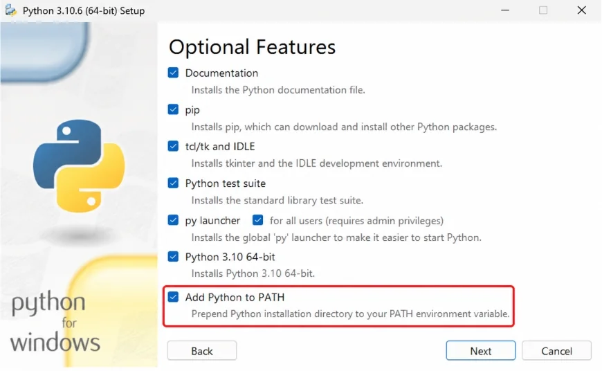 Close-up screenshot of the Python 3.10.6 installer options with the 