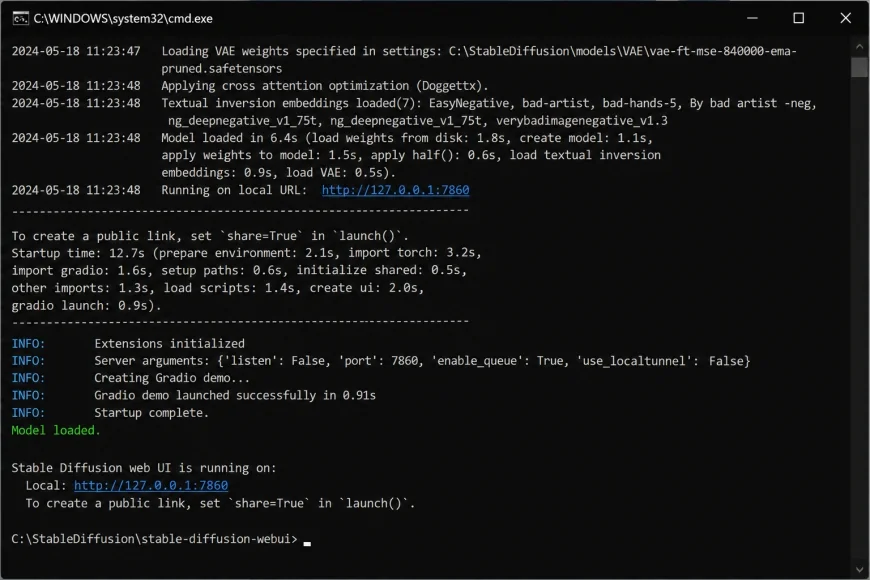 A screenshot of the Command Prompt showing the final lines of a successful Stable Diffusion boot, displaying the local IP address link http://127.0.0.1:7860