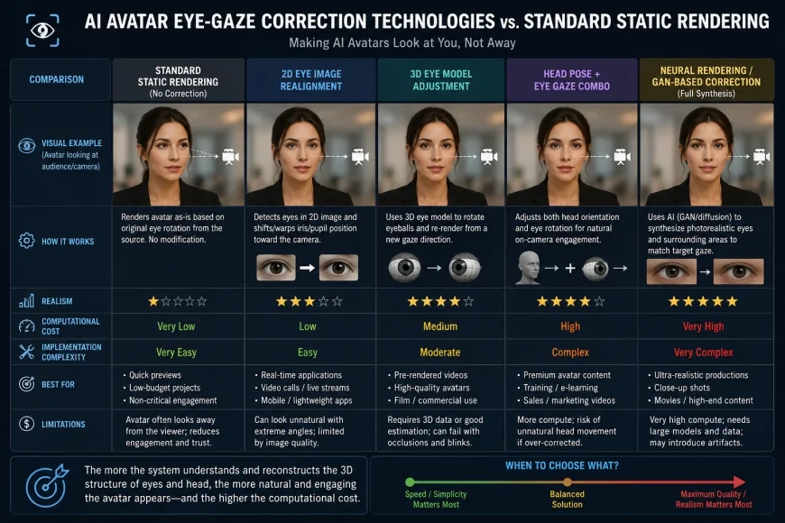 Detailed comparison diagram of AI avatar eye-gaze correction technologies versus standard static rendering