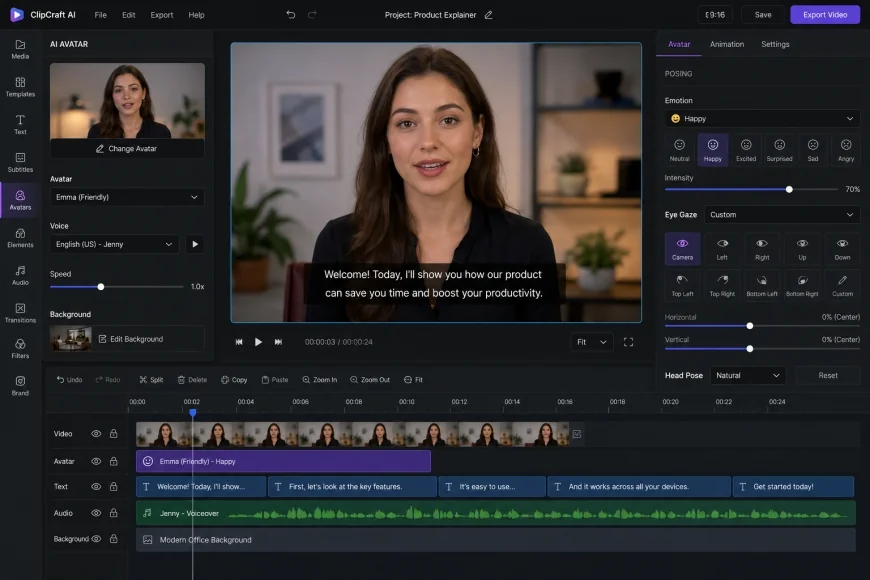 Interface screenshot showing custom emotion and eye gaze settings inside a budget AI video editor