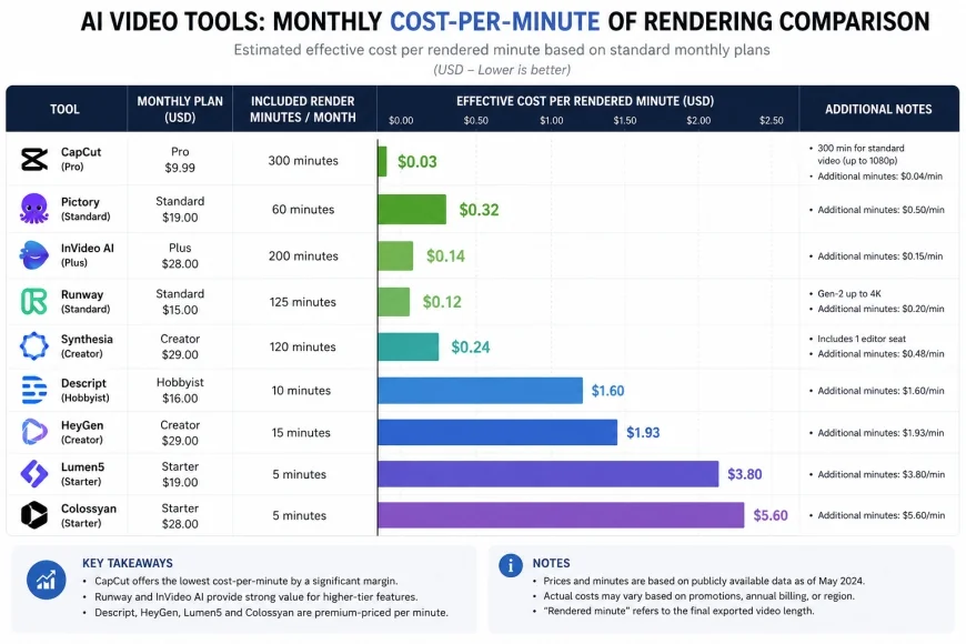 Analytical chart comparing monthly cost-per-minute of rendering across major AI video tools