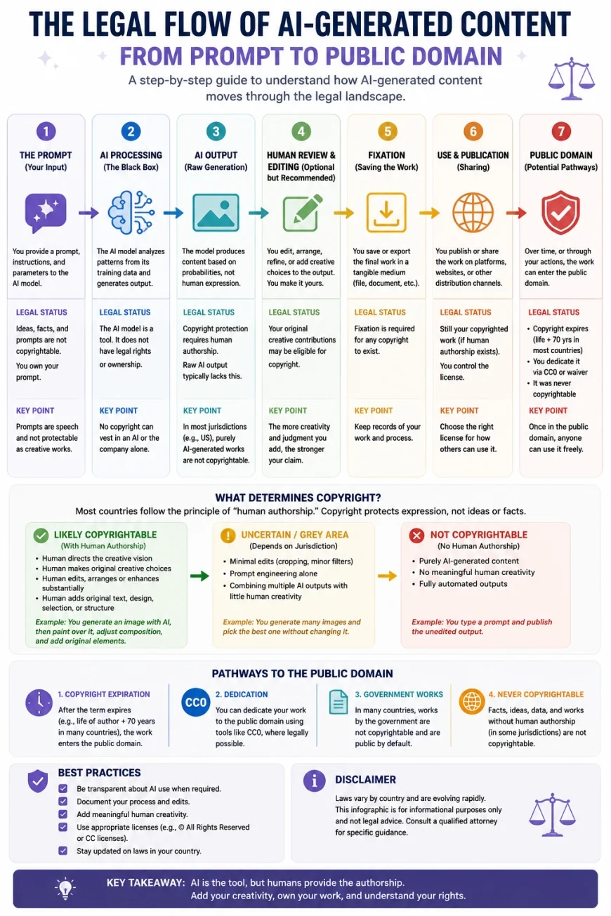 Infographic illustrating the legal flow of AI-generated content from prompt to public domain