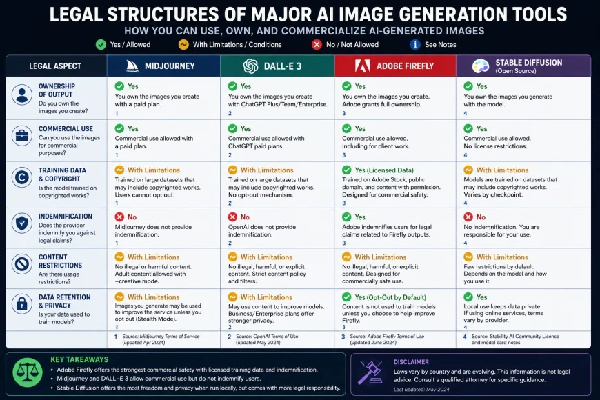 A comparative graphic showing Midjourney, DALL-E 3, Adobe Firefly, and Stable Diffusion legal structures