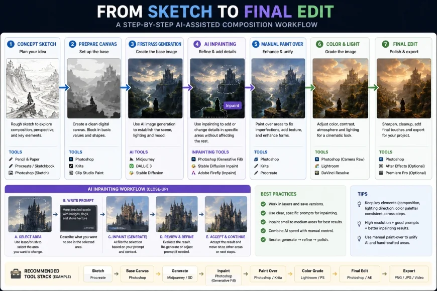 Workflow chart showing step-by-step composition from sketch to AI inpainting to final edit