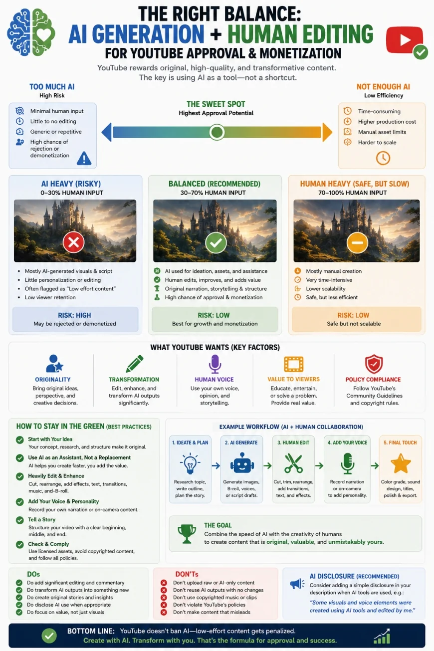 Infographic showing the balance between AI generation and human editing for YouTube approval