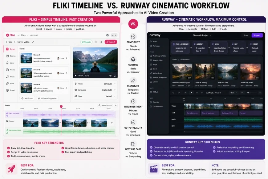 Interface comparison showing Fliki's timeline versus a cinematic Runway generation workflow