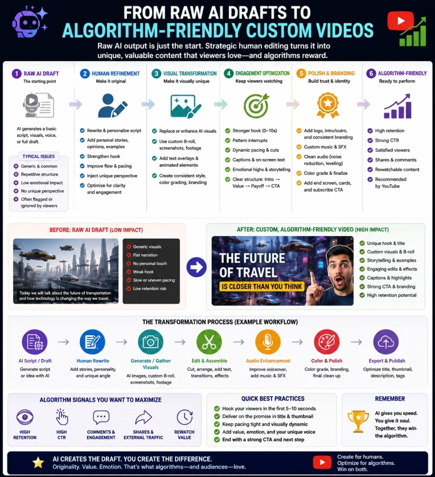 Diagram showing how raw AI drafts are transformed into algorithm-friendly custom videos